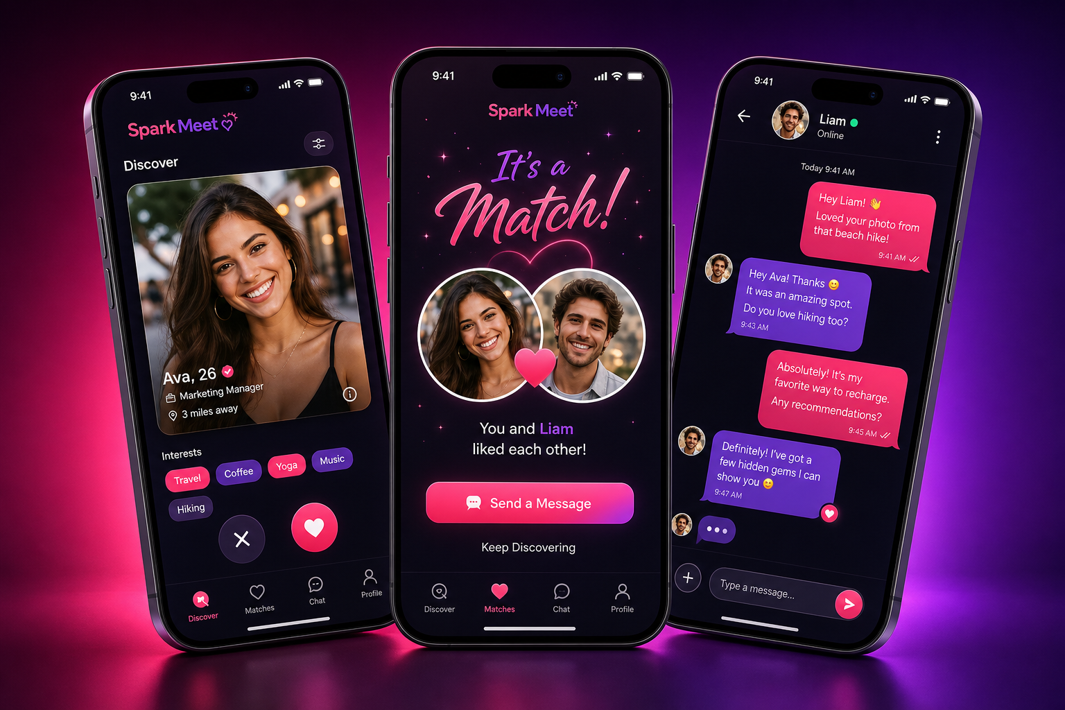 SparkMeet ऐप स्क्रीन — खोजें, मैच, चैट