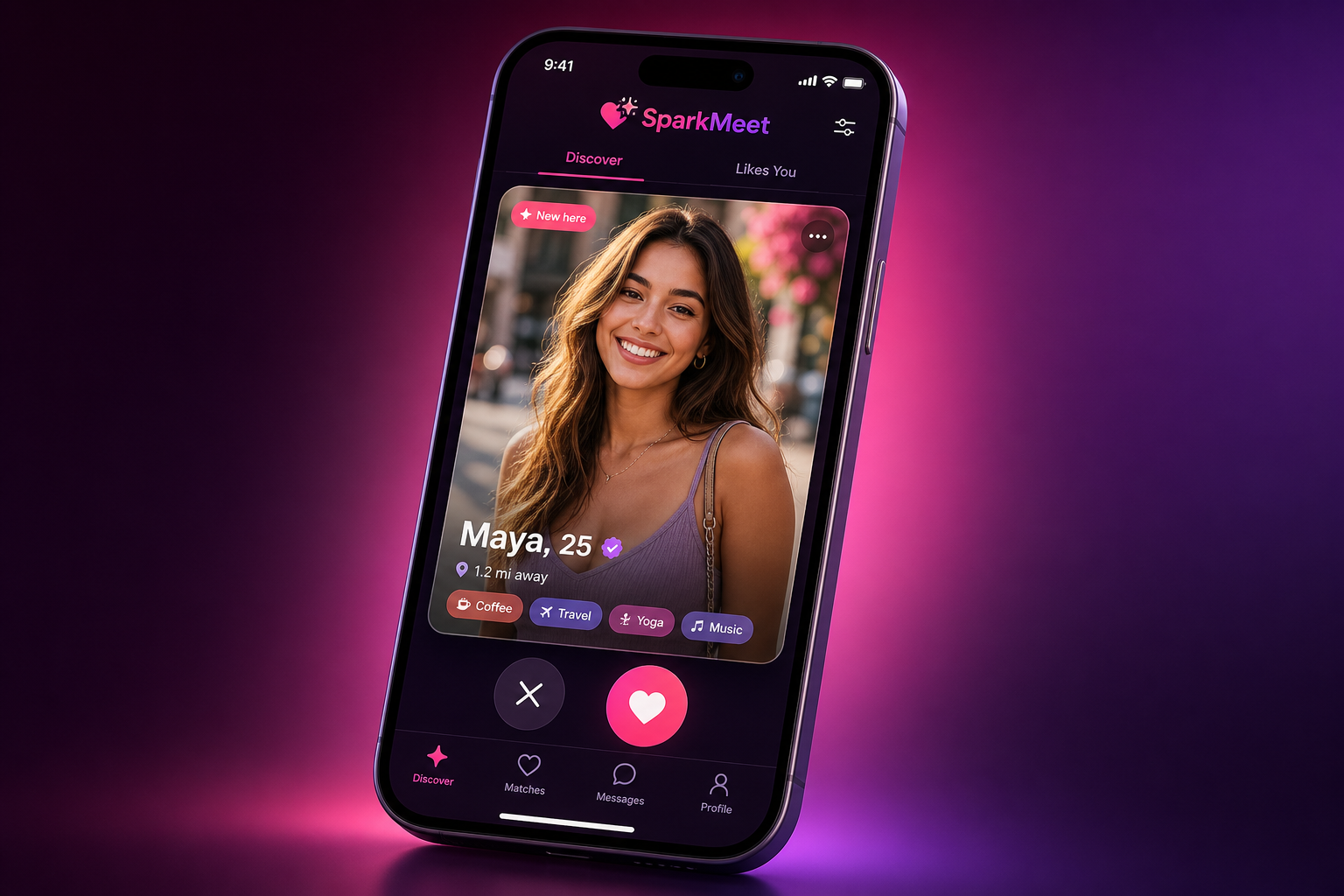 SparkMeet ऐप झलक — खोजें, मैच, चैट